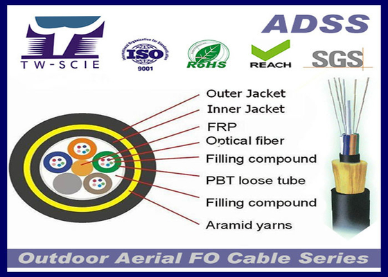 Cavo a fibre ottiche aereo autosufficiente leggero, cavo a fibre ottiche aereo del filato ADSS di Aramid